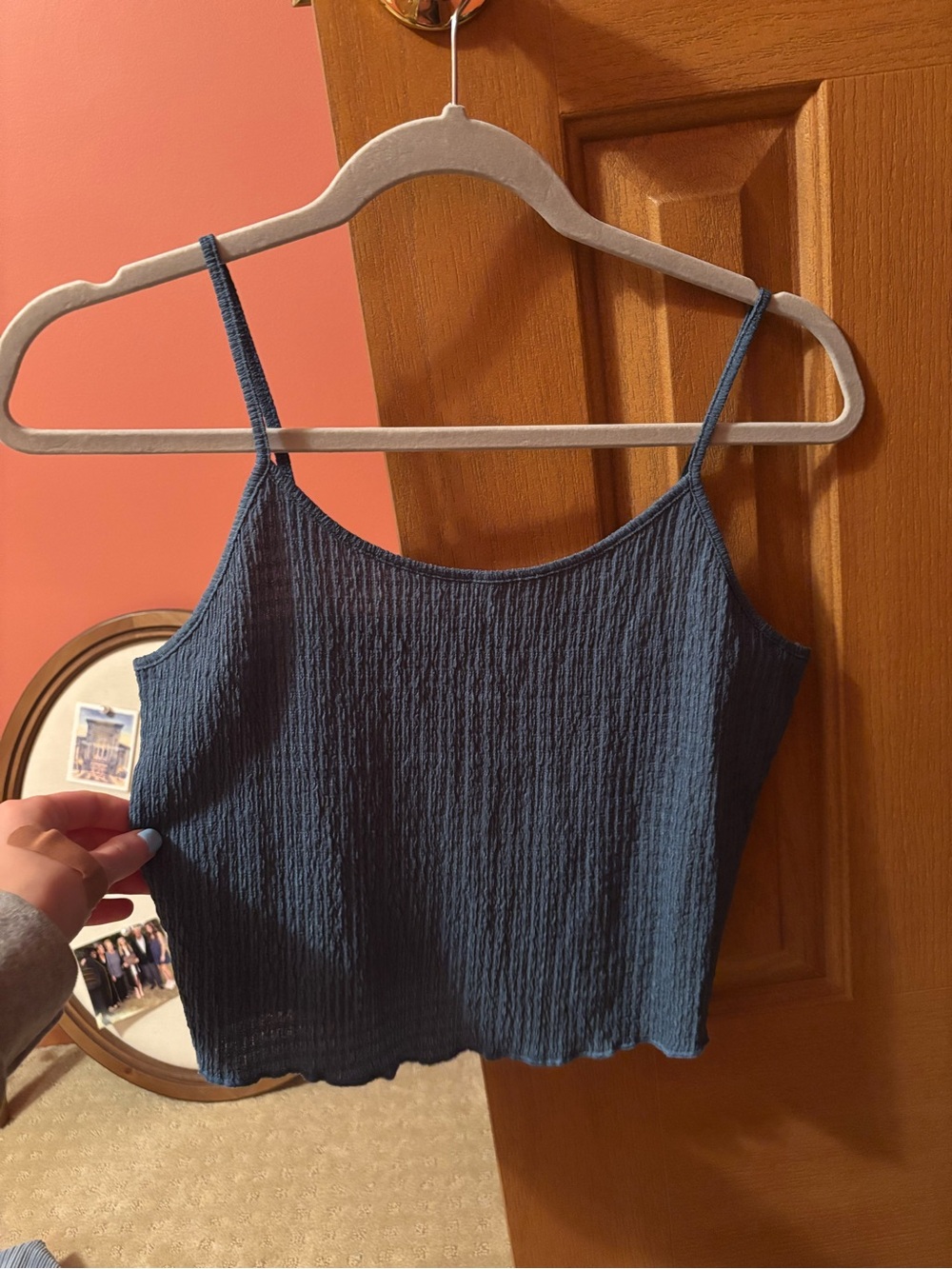 Double Zero Navy Blue Textured Spaghetti Strap Crop Cami